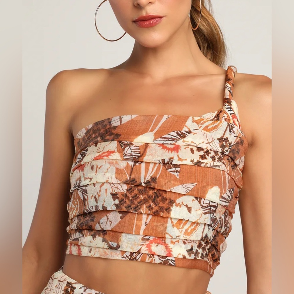 LULUS Something Wild Brown Multi Print Pleated One-Shoulder Crop Top SIZE XS